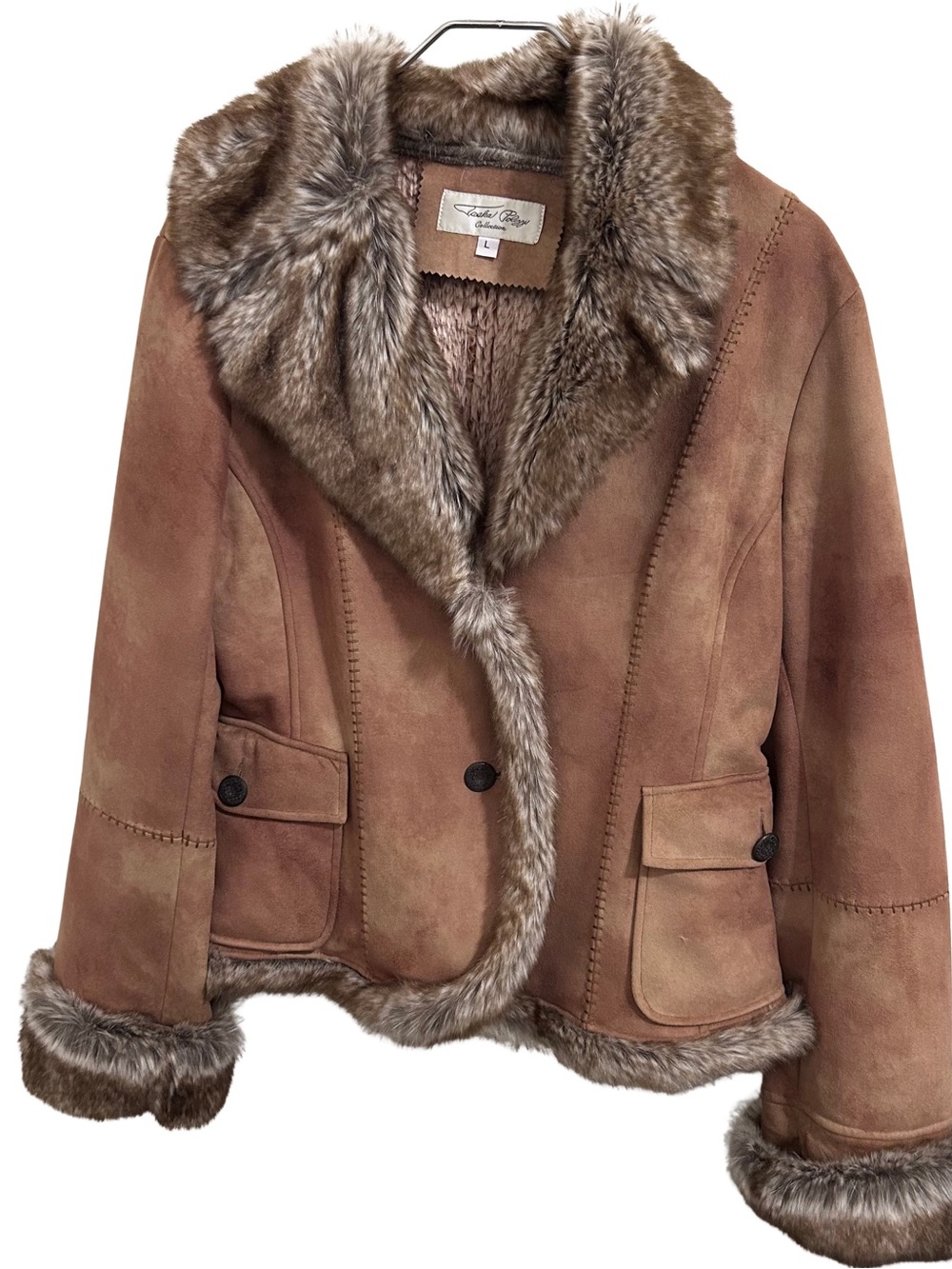 Tasha Polizzi Brown Faux Suede Jacket Fur Trim Lining Y2K women’s size Large